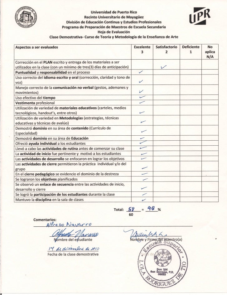 Hoja De Evaluacion    Clase Demostrativa