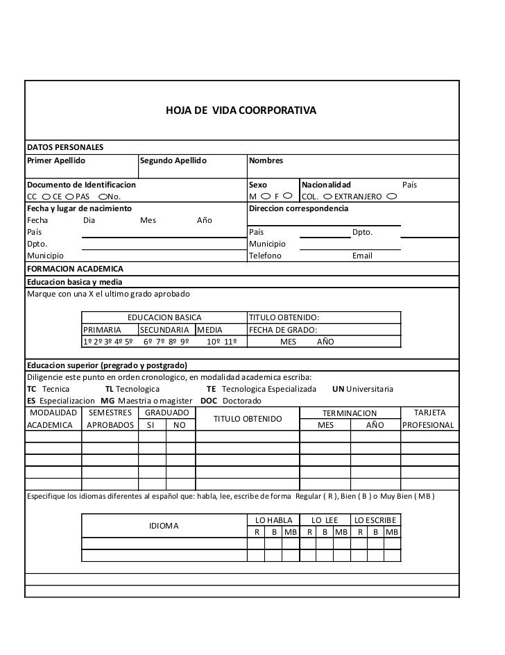FORMATO HOJA DE VIDA EMPRESA formato hoja de vida empresa: