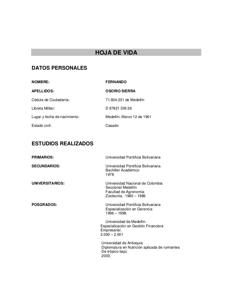 HOJA DE VIDA PARA UN TRABAJO hoja de vida para un trabajo: