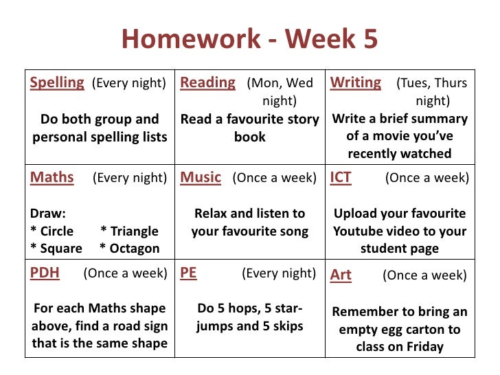 Homework grid year 5 picture