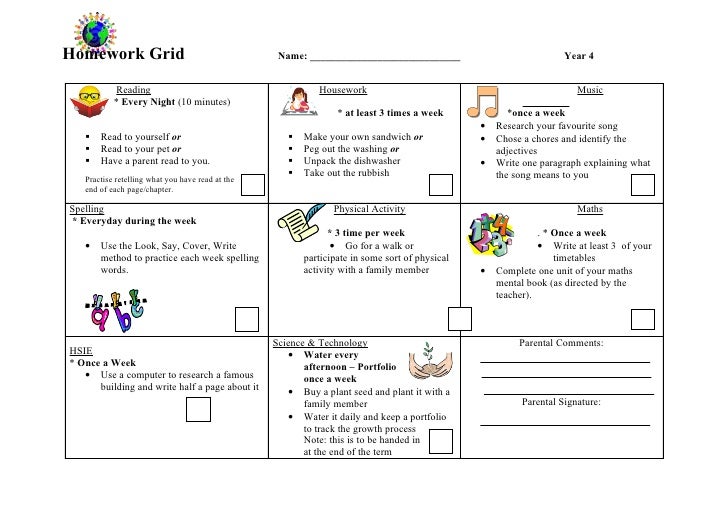 Year 2 homework grid