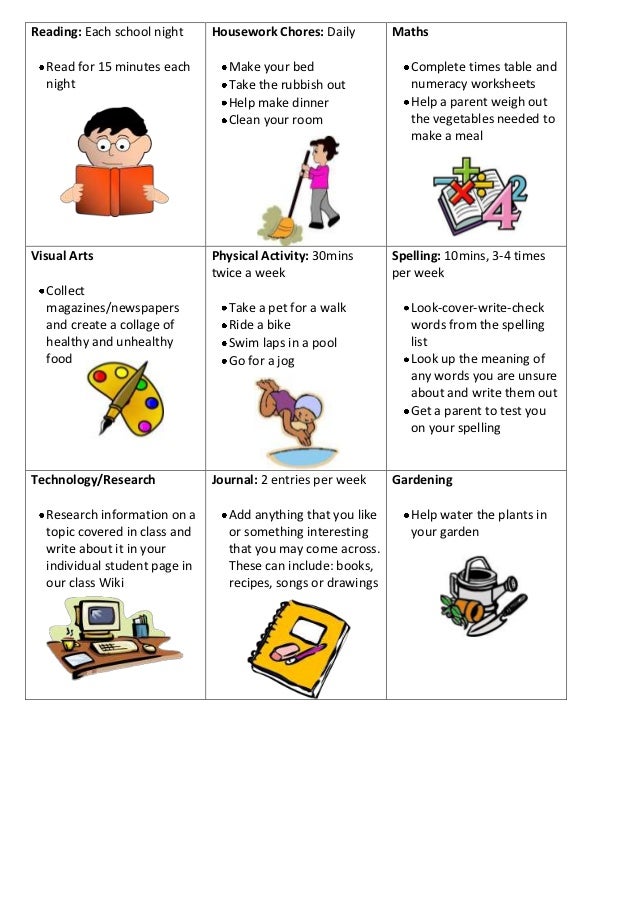Weekly homework grid image