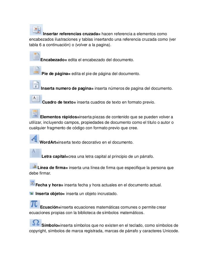 Iconos de la barra de insertar en microsoft word