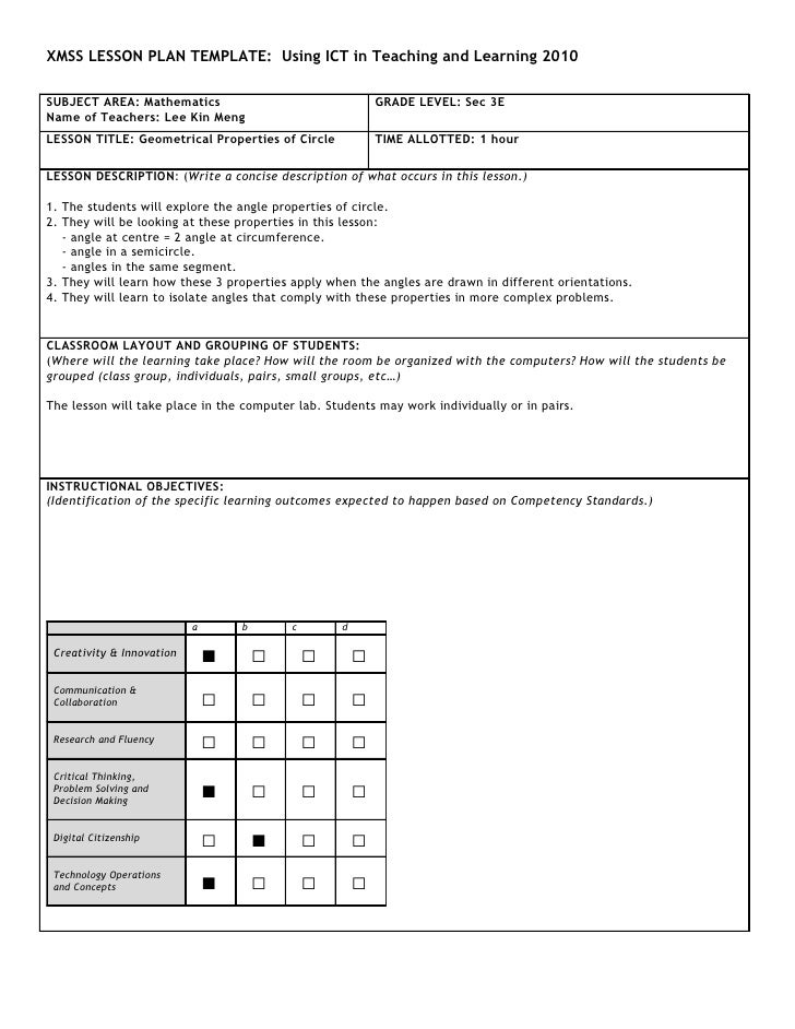 Ict Plan Template ict lesson plan for sec 3 e geometrical properties of circle