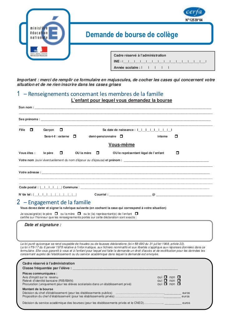 Imprimé dde de bourse collège 2012 2013