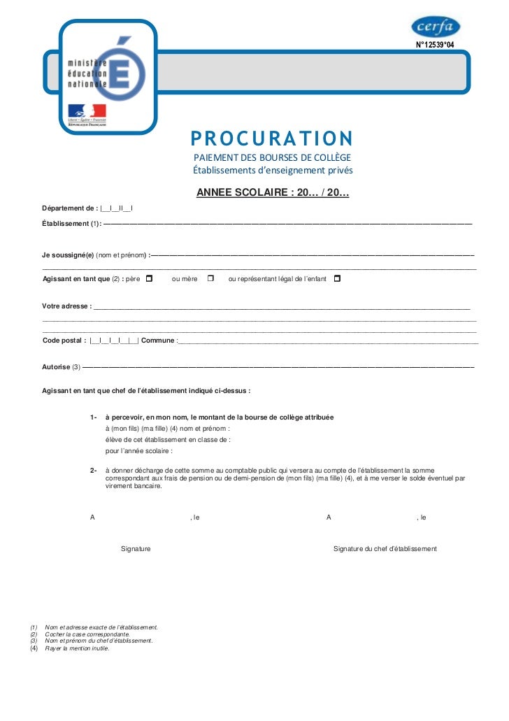 Imprime procuration bourse collège prive