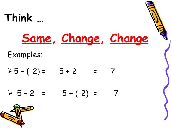 addition and subtraction of integers Subtracting integers is easy when you use the keep change change rule this rule allows you to rewrite the subtraction problem as an addition problem and then follow the addition rules. addition and subtraction of integers Subtracting integers is easy when you use the keep change change rule this rule allows you to rewrite the subtraction problem as an addition problem and then follow the addition rules.