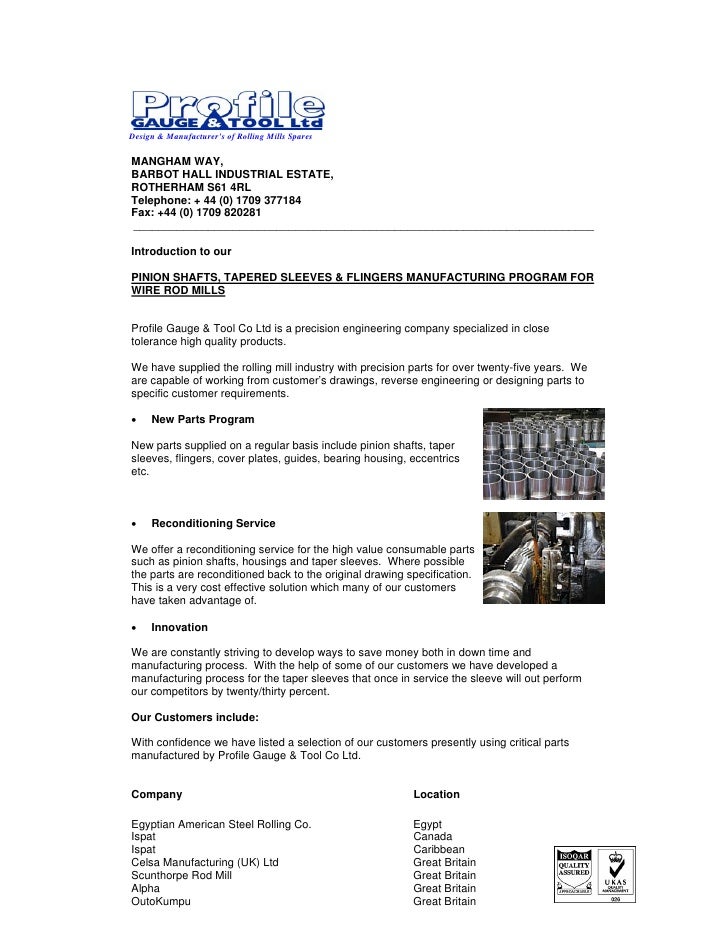 introduction letter precision spares for rolling mills