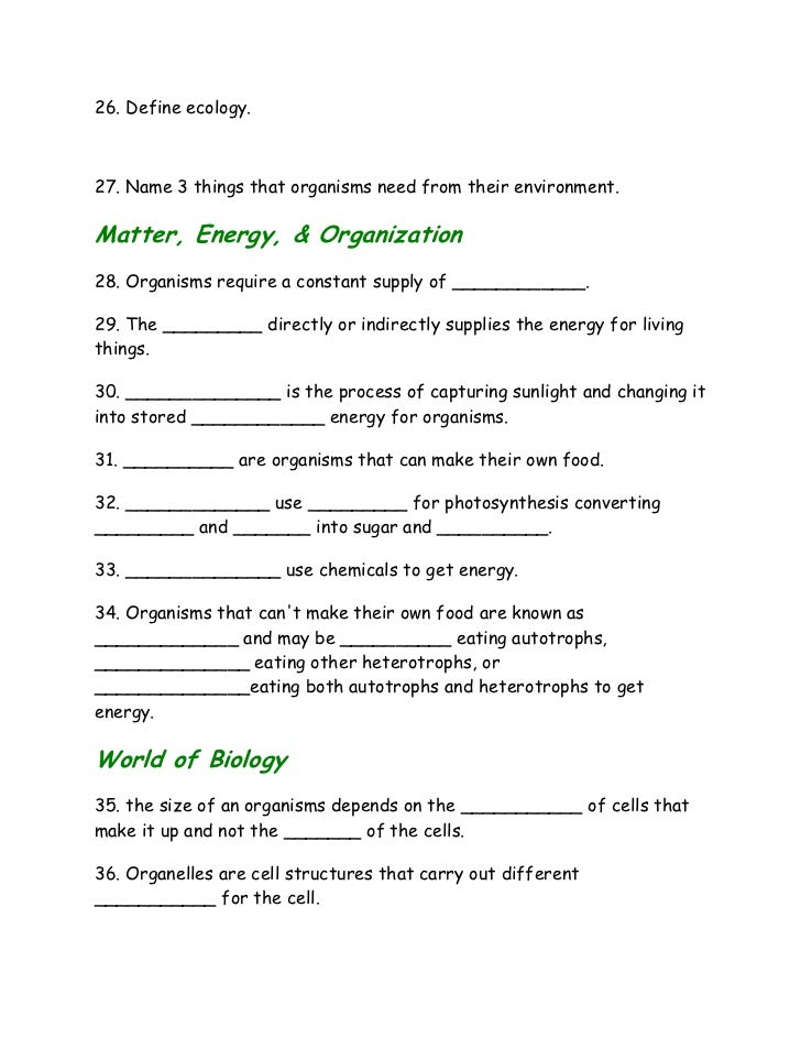 Introduction to biology worksheet from notes