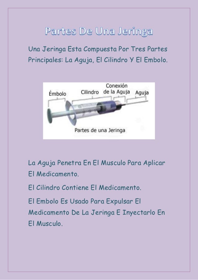 Una Jeringa Esta Compuesta Por Tres PartesPrincipales: La Aguja, El Cilindro Y El Embolo.La Aguja Penetra En El Musculo Pa...