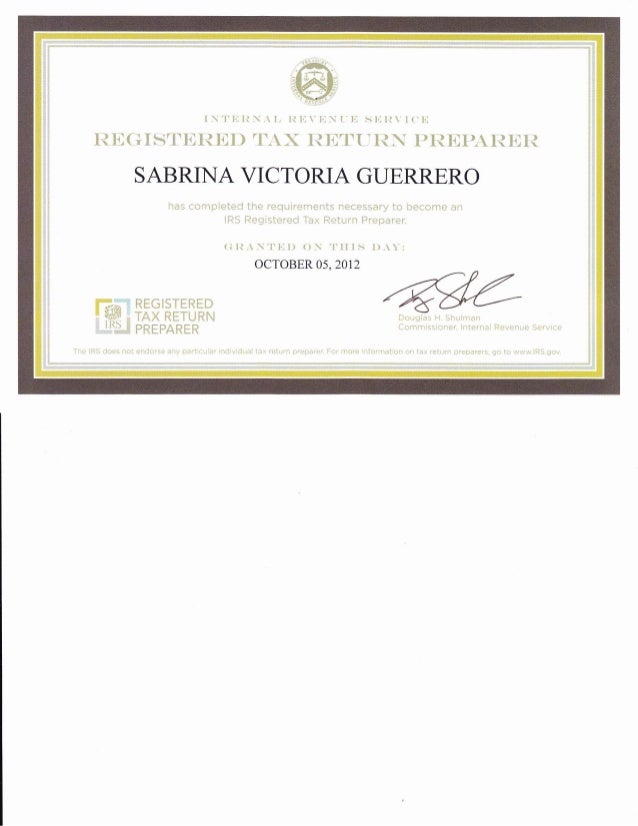 Irs registered tax return preparer certificate