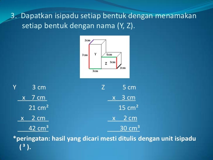 3. Dapatkan isipadu setiap bentuk dengan menamakan   setiap bentuk dengan nama (Y, Z).Y        3 cm                  Z    ...