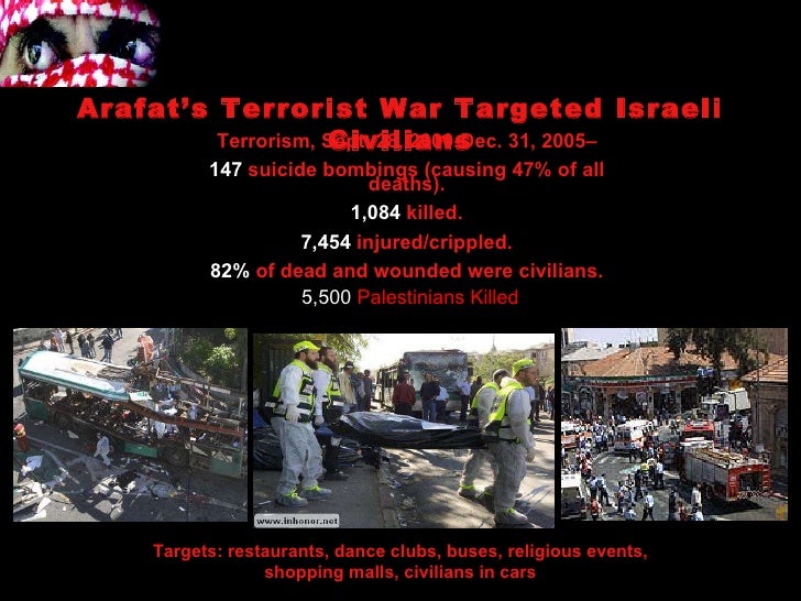 Terrorism, Sept. 28, 2000-Dec. 31, 2005– 147 suicide bombings (causing 47% of all deaths). 1,084 killed. 7,454 injured/...