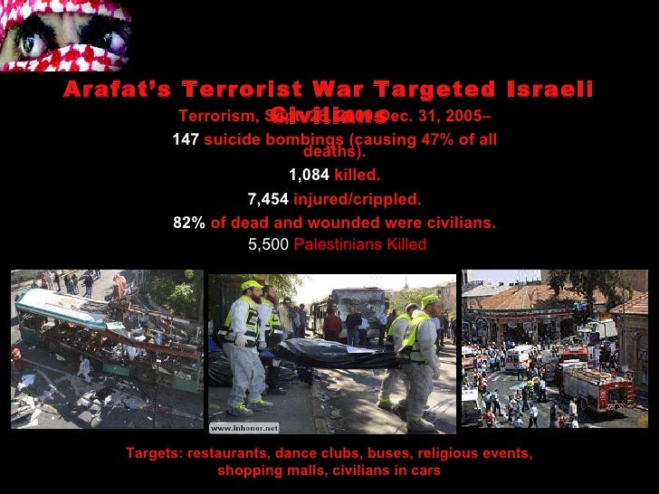 Terrorism, Sept. 28, 2000-Dec. 31, 2005– 147  suicide bombings (causing 47% of all deaths). 1,084  killed. 7,454  injured/...