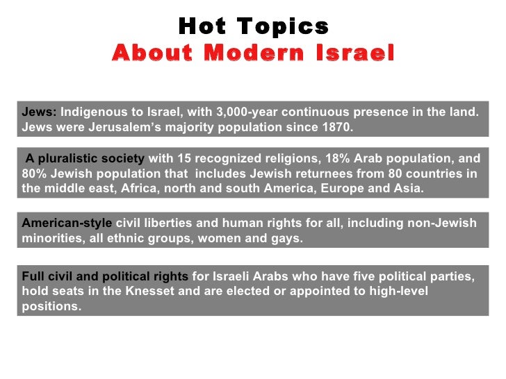 Hot Topics About Modern Israel Jews:  Indigenous to Israel, with 3,000-year continuous presence in the land. Jews were Jer...