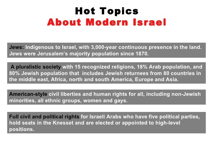 Hot Topics About Modern Israel Jews: Indigenous to Israel, with 3,000-year continuous presence in the land. Jews were Jer...