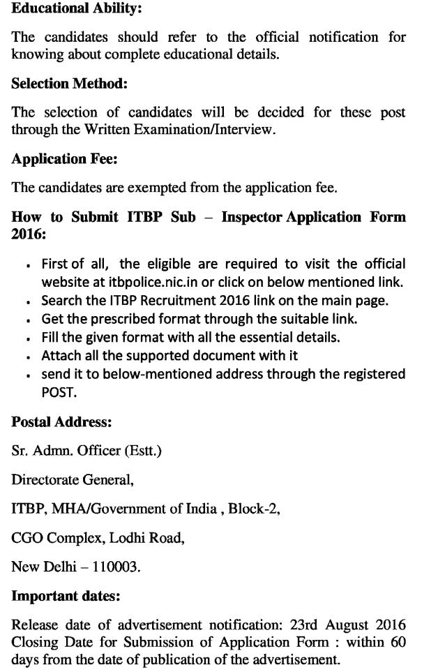 Itbp govt job recruitment 2016 latest sub inspector (general duty) posts exam result