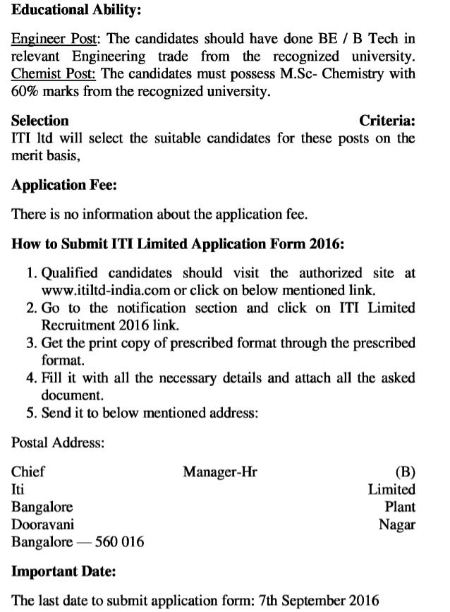 Iti limited govt jobs recruitment 2016 latest engineers and chemist posts exam result