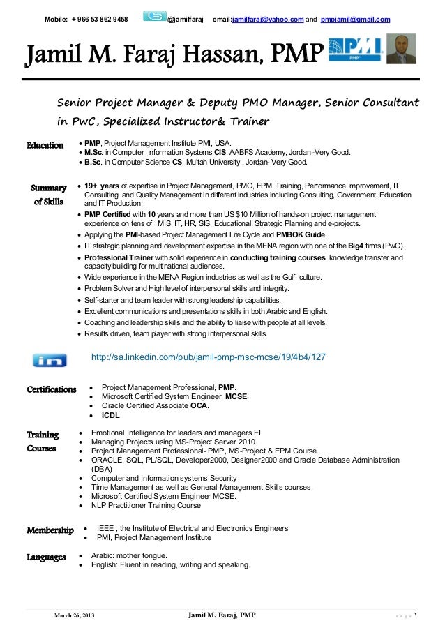 pmp resume sample