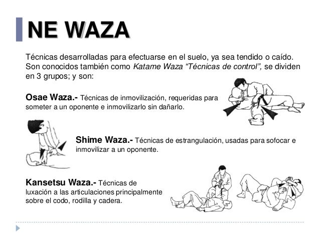 NE WAZA
Técnicas desarrolladas para efectuarse en el suelo, ya sea tendido o caído.
Son conocidos también como Katame Waza...