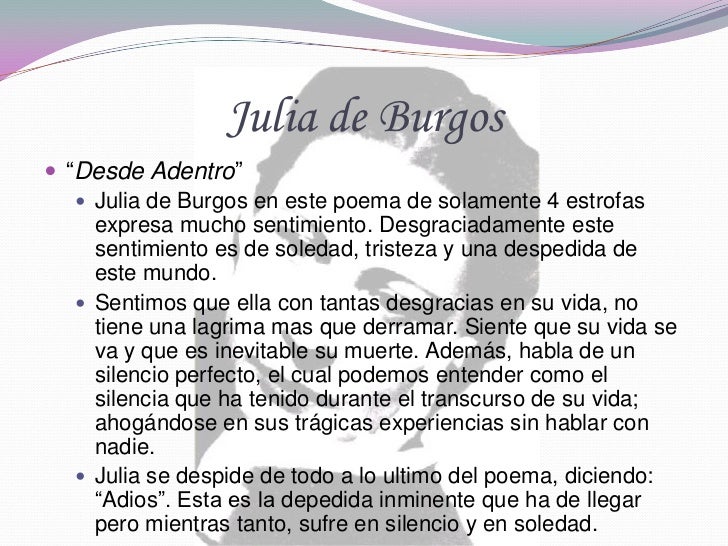 analisis a julia de burgos Título: a julia de burgos – 1939 de poemas en 20 surcos autor: julia de burgos - puerto rico (1914-1953) personajes: la voz poética, julia de burgos. analisis a julia de burgos Título: a julia de burgos – 1939 de poemas en 20 surcos autor: julia de burgos - puerto rico (1914-1953) personajes: la voz poética, julia de burgos.