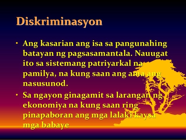 diskriminasyon sa kasarian Bigyang-daan ang odeo na maunawaan kung ano ang naganap, kalian ito naganap, at ang batayan para sa pinaghihinalaang diskriminasyon (lahi, kasarian,. diskriminasyon sa kasarian Bigyang-daan ang odeo na maunawaan kung ano ang naganap, kalian ito naganap, at ang batayan para sa pinaghihinalaang diskriminasyon (lahi, kasarian,.