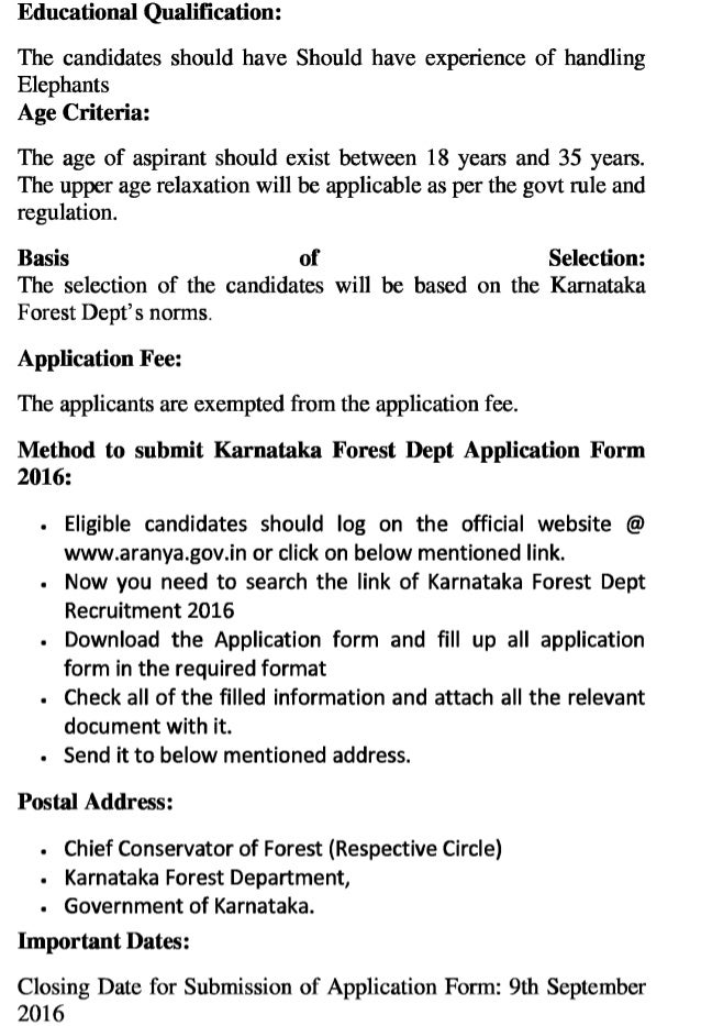 Karnataka forest dept govt jobs recruitment 2016 latest elephant kavadi vacancies exam result