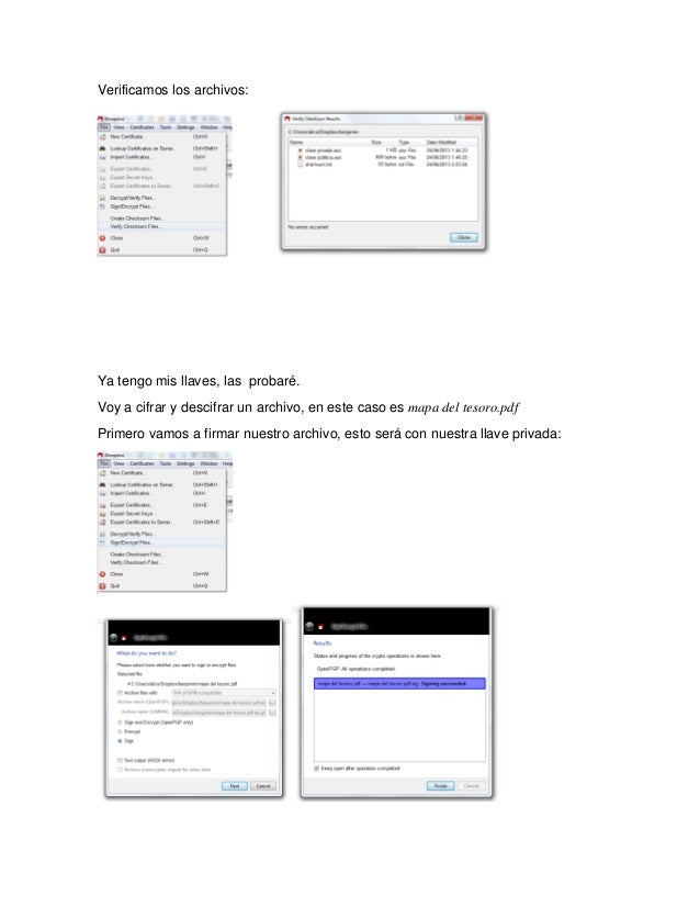 Verificamos los archivos:
Ya tengo mis llaves, las probaré.
Voy a cifrar y descifrar un archivo, en este caso es mapa del ...