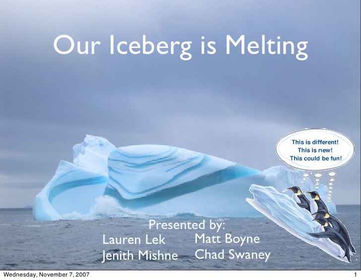 our iceberd is melting This workshop is based on the book, our iceberg is melting, by john kotter and holger rathgaber facilitated by: julia wallace carr, associate professor, . our iceberd is melting This workshop is based on the book, our iceberg is melting, by john kotter and holger rathgaber facilitated by: julia wallace carr, associate professor, .