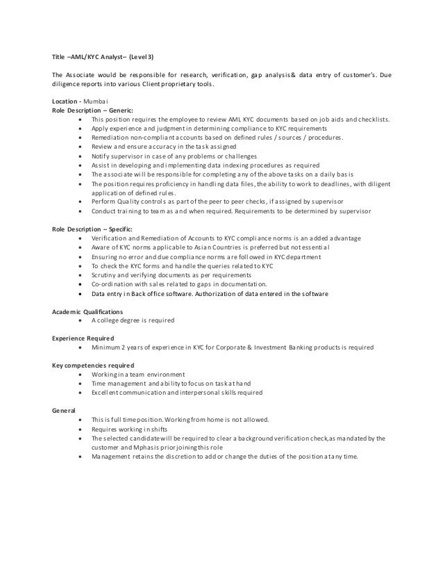 Resume aml analyst