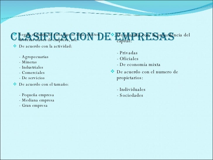 CLASIFICACION DE EMPRESAS <ul><li>Según el punto de vista que se elija, existen diversas clases de empresa, así: </li></ul...