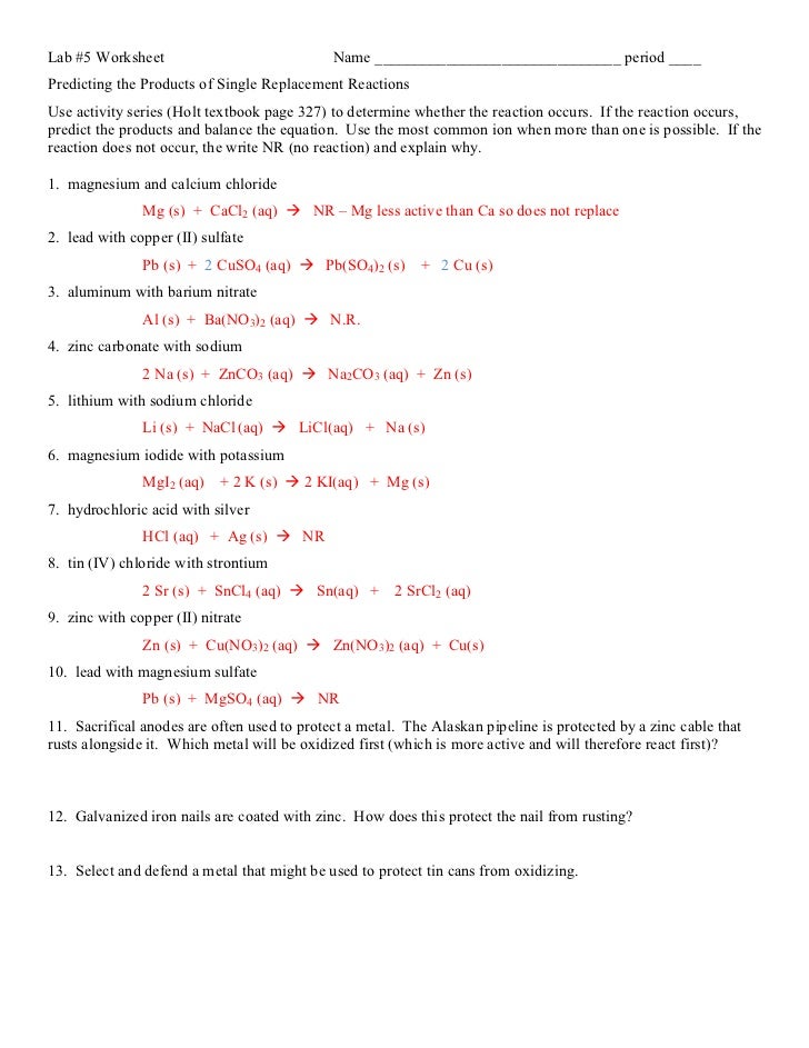 587 New activity series worksheet answers 709 Single Replacement Reaction Worksheet   lab #5 lab sample   Lewhoc.com 
