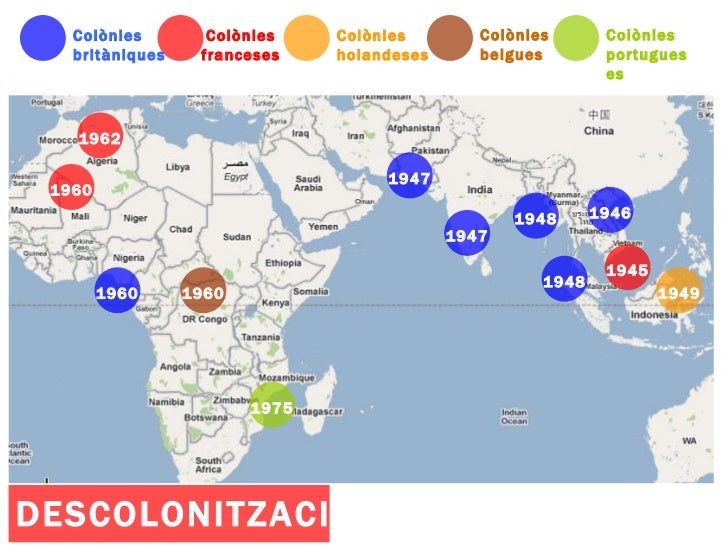 DESCOLONITZACIÓ 1947 Colònies britàniques 1947 1948 1948 1946 1945 Colònies franceses Colònies holandeses 1949 1962 1960 1...