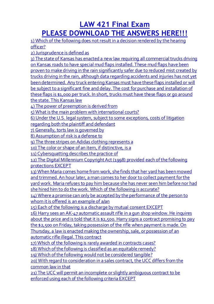 comtempary law 421 final exam Essays - largest database of quality sample essays and research papers on law 421 week 5 final exam. comtempary law 421 final exam Essays - largest database of quality sample essays and research papers on law 421 week 5 final exam.
