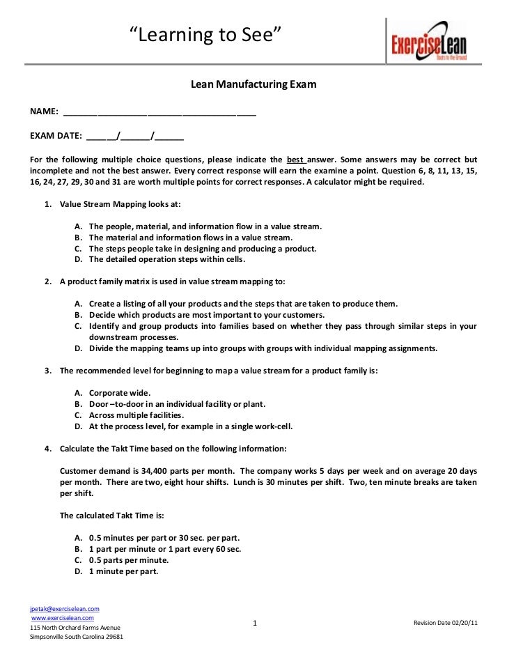 Lean Manufacturing Exam Questions Mar 2011