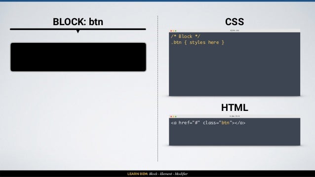LEARN BEM: Block - Element - Modifier
BLOCK: btn
styles.css
/* Block */
.btn { styles here }
CSS
index.html
<a href="#" cl...