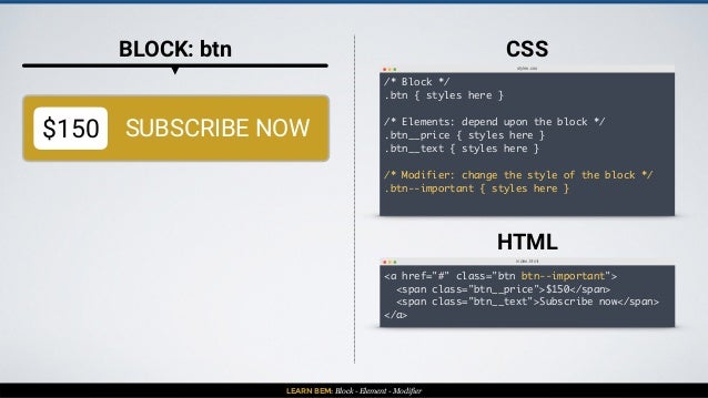 LEARN BEM: Block - Element - Modifier
BLOCK: btn
$150 SUBSCRIBE NOW
styles.css
/* Block */
.btn { styles here }
/* Element...