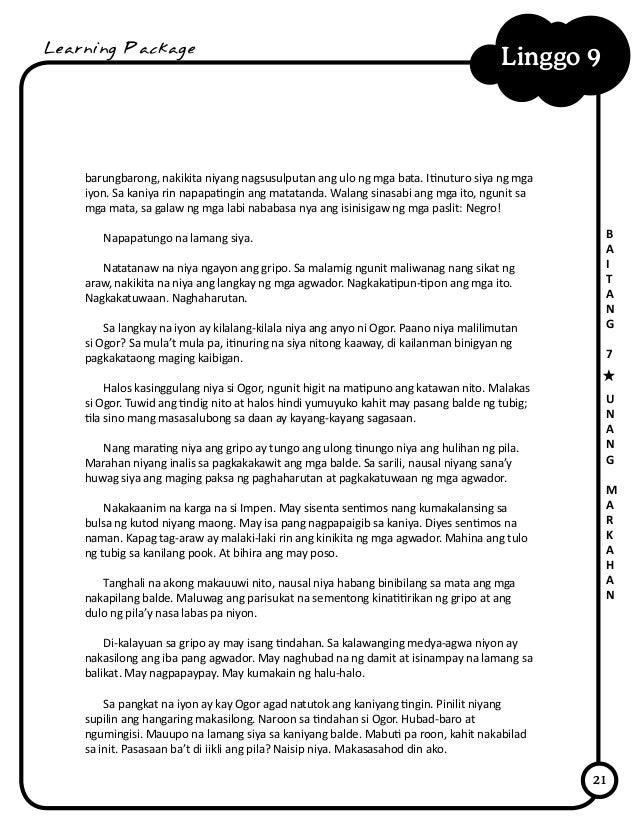 21
Linggo 9
B
A
I
T
A
N
G
7
U
N
A
N
G
M
A
R
K
A
H
A
N
Learning Package
barungbarong, nakikita niyang nagsusulputan ang ulo...