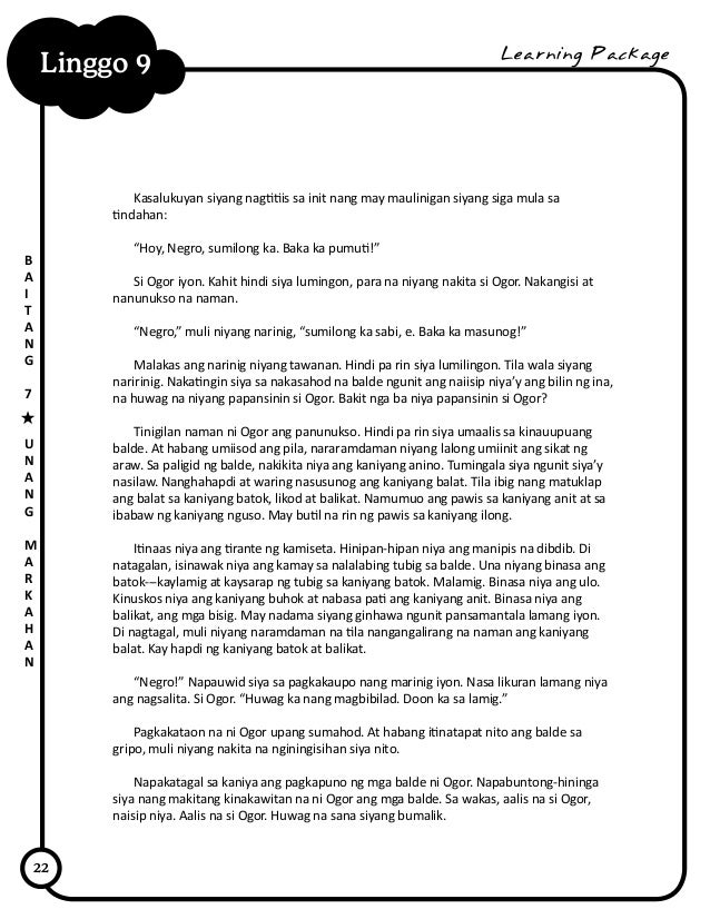 22
Linggo 9
B
A
I
T
A
N
G
7
U
N
A
N
G
M
A
R
K
A
H
A
N
Learning Package
Kasalukuyan siyang nagtitiis sa init nang may mauli...