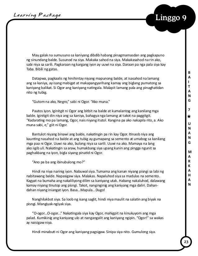 23
Linggo 9
B
A
I
T
A
N
G
7
U
N
A
N
G
M
A
R
K
A
H
A
N
Learning Package
May galak na sumusuno sa kaniyang dibdib habang pin...