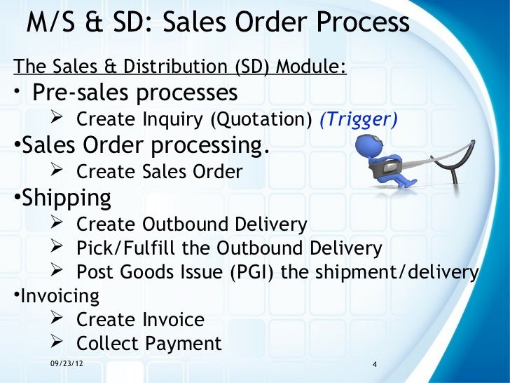 M/S & SD: Sales Order ProcessThe Sales & Distribution (SD) Module:• Pre-sales processes    Create Inquiry (Quotation) (Tr...