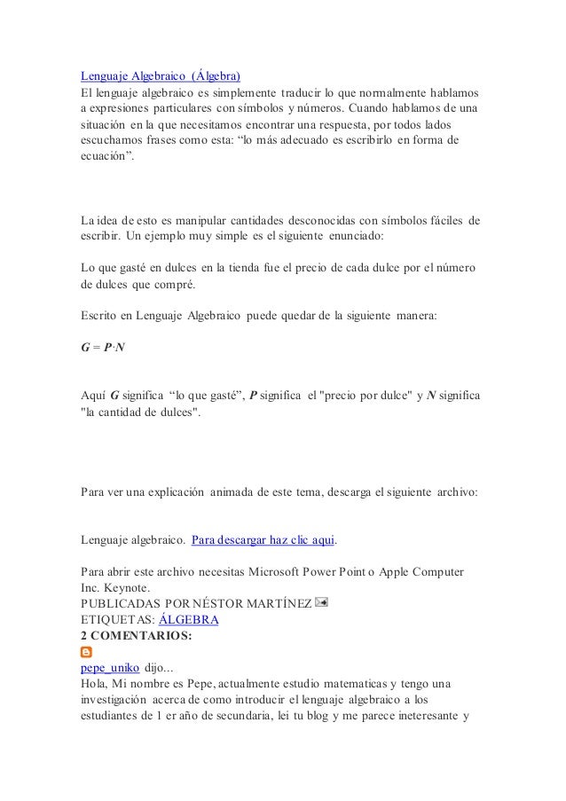LENGUAJE ALGEBRAICO QUE ES lenguaje algebraico que es: