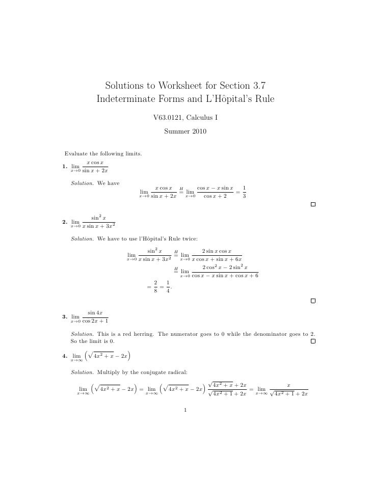 Lesson 17: Interminate forms and L'Hôpital's Rule (worksheet solution…
