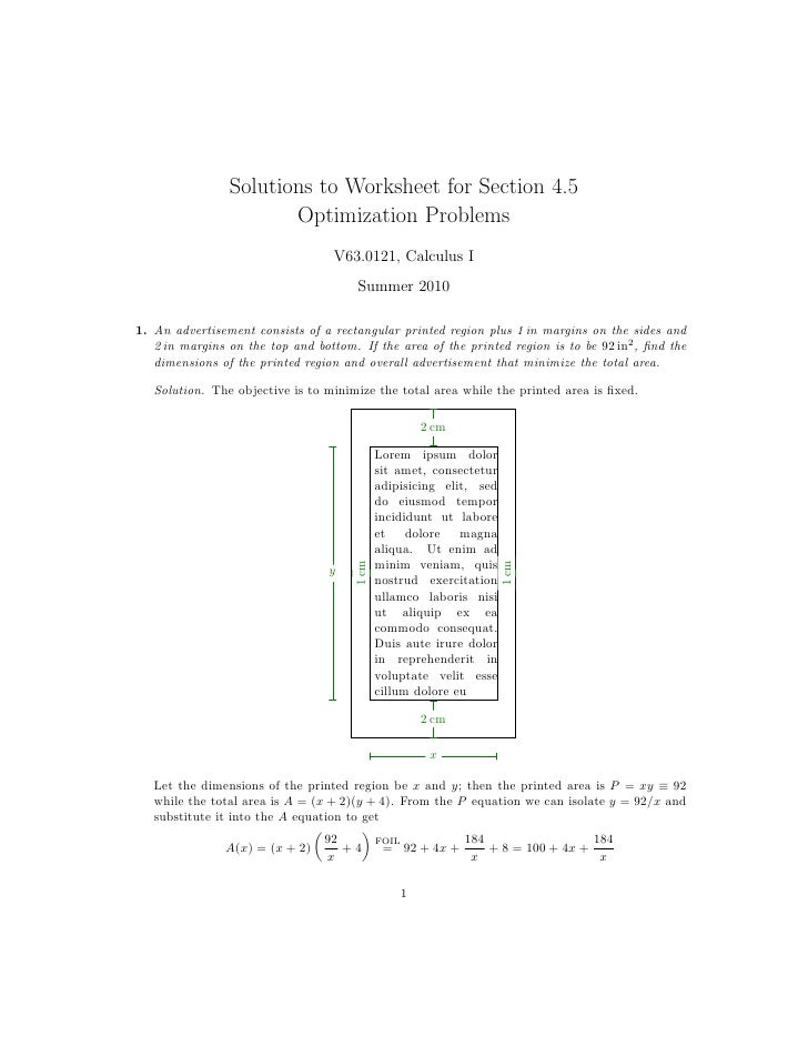 Worksheets Application Of Optimization Work Sheet With Solution lesson 22 optimization problems worksheet solutions to for section 4 5 optimization