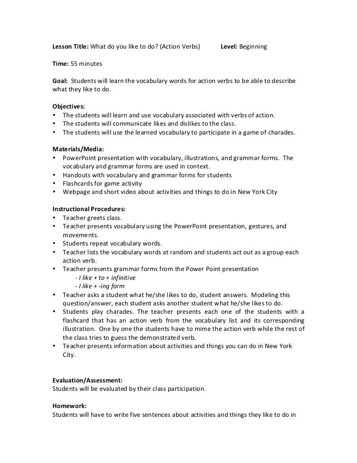 Lesson Plan Action Verbs