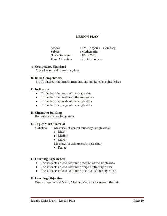 Lesson plan 9th grade junior high school