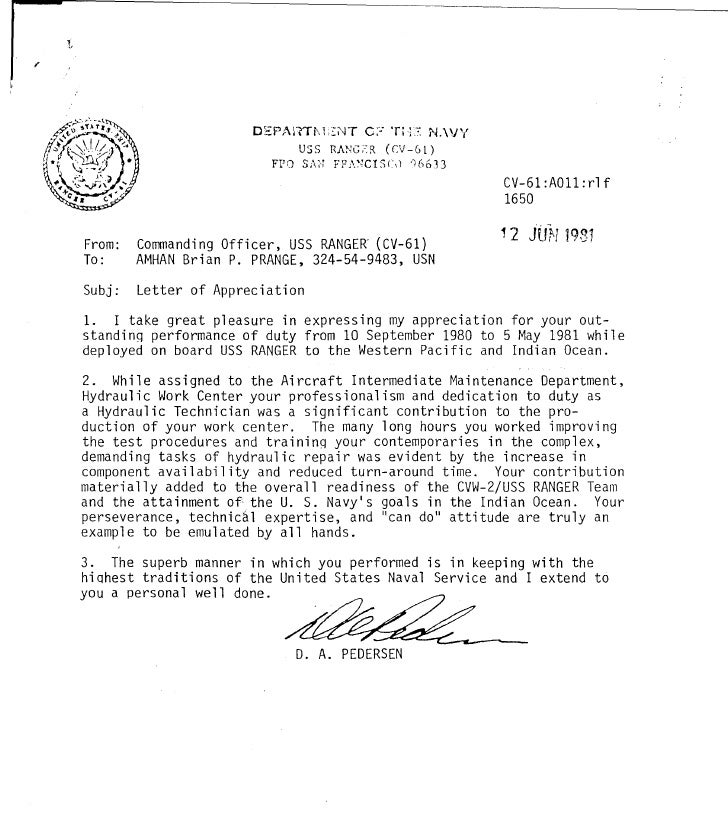 Navy Letter of Appreciation Example
