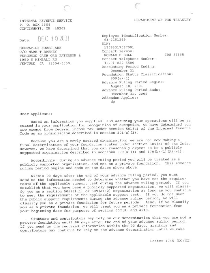 Letter of determination from department of treasury