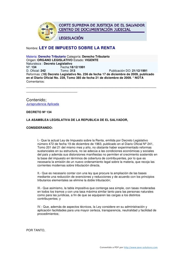 LA LEY DE IMPUESTO SOBRE LA RENTA la ley de impuesto sobre la renta: