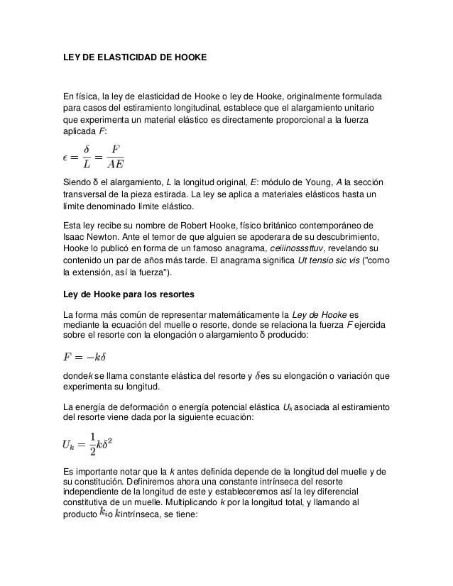 FORMULA DE LA LEY DE HOOKE formula de la ley de hooke: